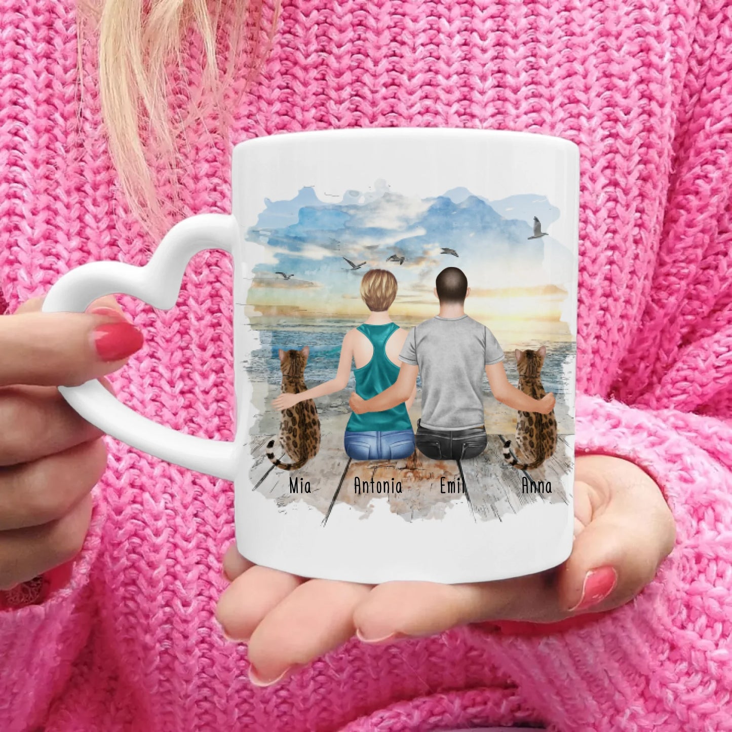 Personalisierte Tasse mit Pärchen und 2 Katzen