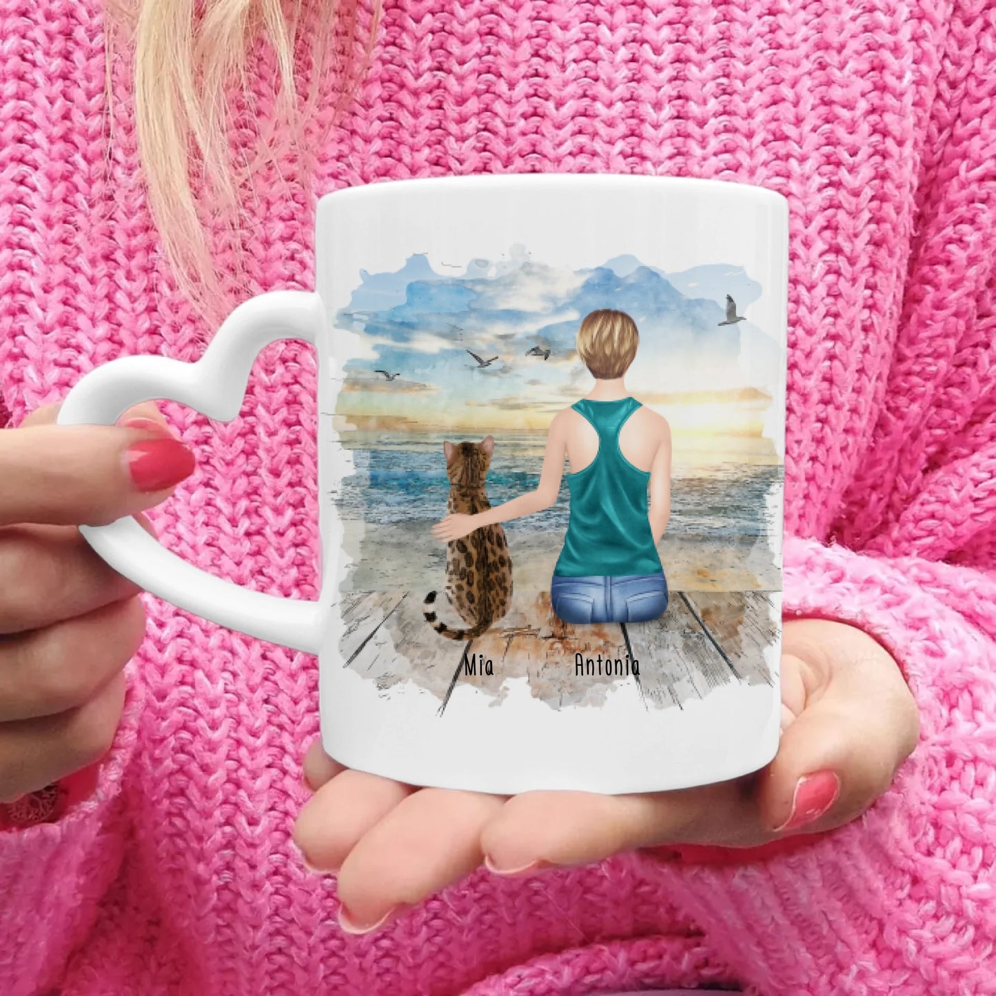 Personalisierte Tasse mit Katze und Frau (1 Katze + 1 Frau)