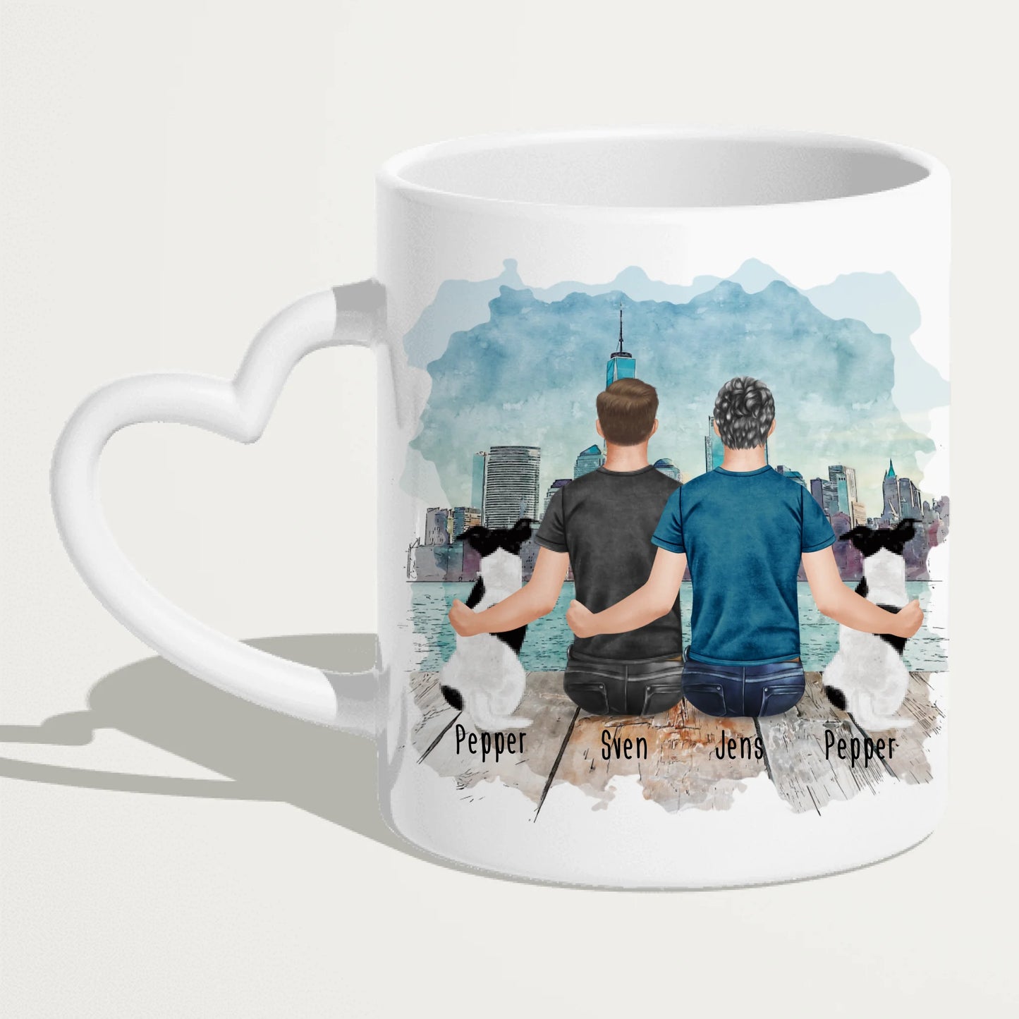 Personalisierte Tasse - 2 Männer + 2 Hunde