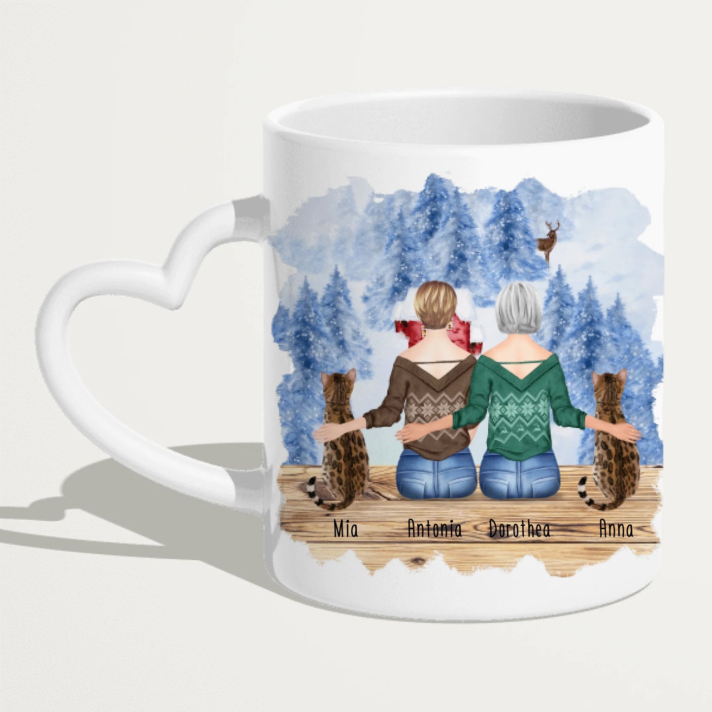 Personalisierte Tasse mit Katzen und Frauen (2 Katzen + 2 Frauen) - Weihnachtstasse