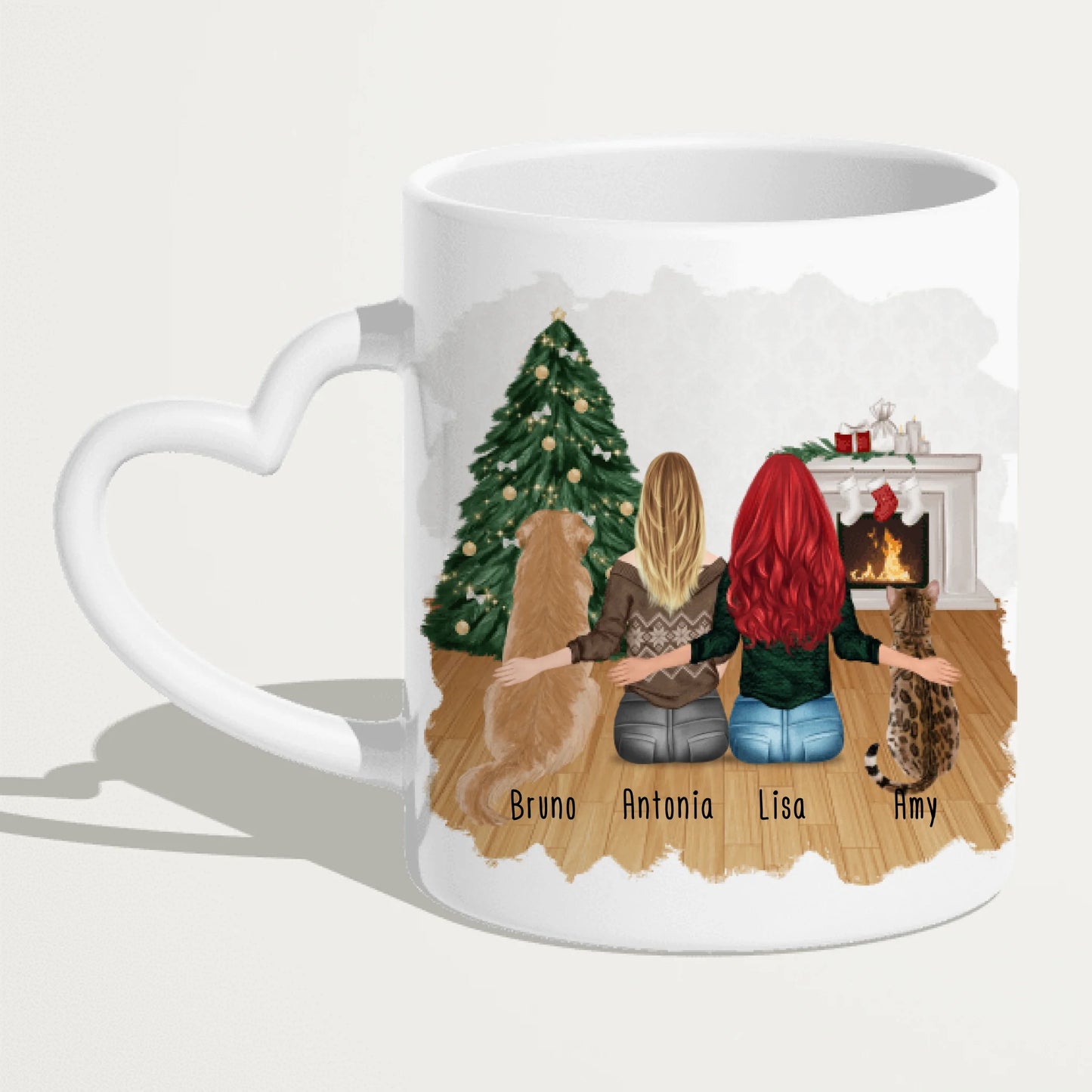 Personalisierte Tasse mit Hund, Katze und Frauen (1 Hund + 1 Katze + 2 Frauen) - Weihnachtstasse