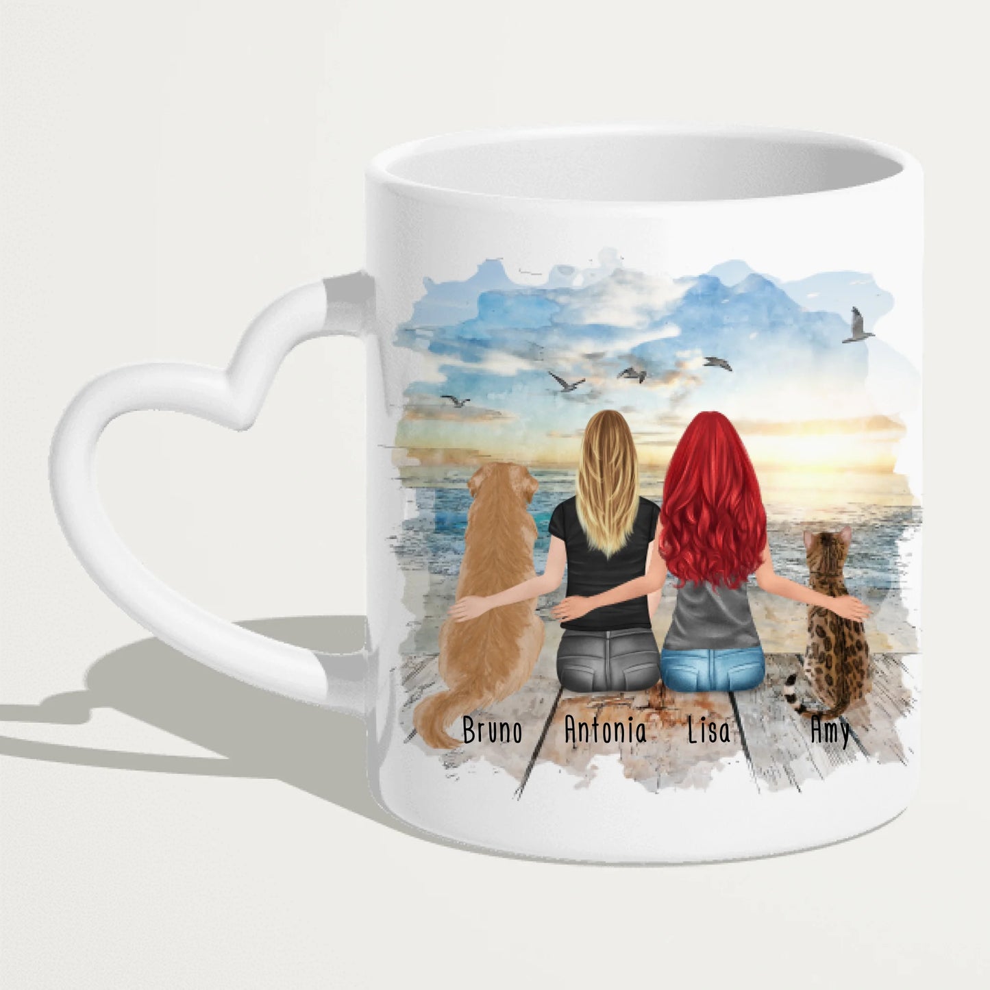 Personalisierte Tasse mit Hund, Katze und Frauen (1 Hund + 1 Katze + 2 Frauen)