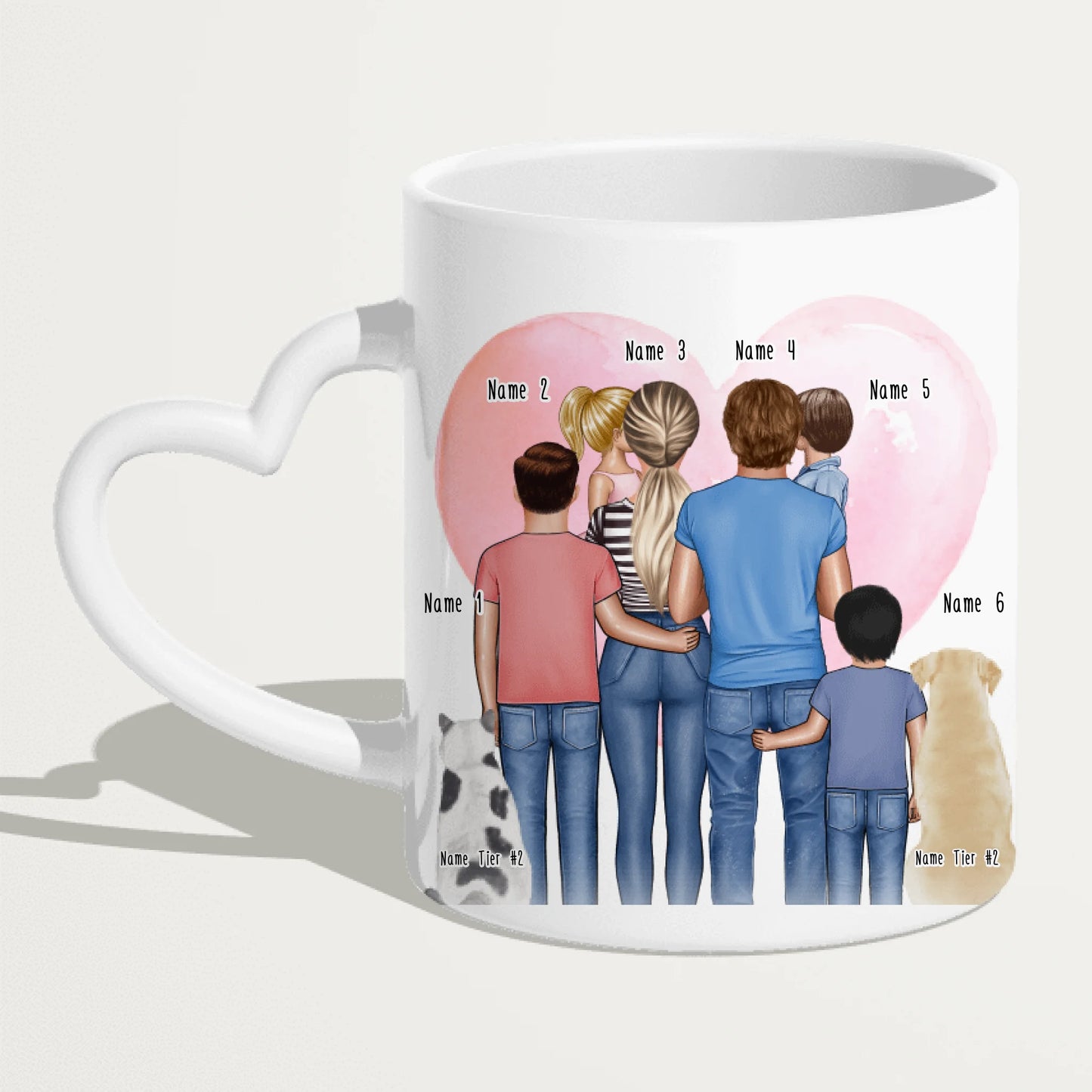 Personalisierte Tasse - Familie + 1-4 Kinder + 1-2 Hunde/Katzen