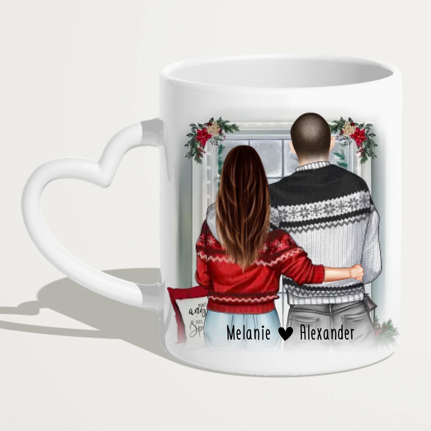 Personalisierte Tasse mit Paar in Weihnachtspullovern (stehend) - Pärchen Tasse - Weihnachtstasse