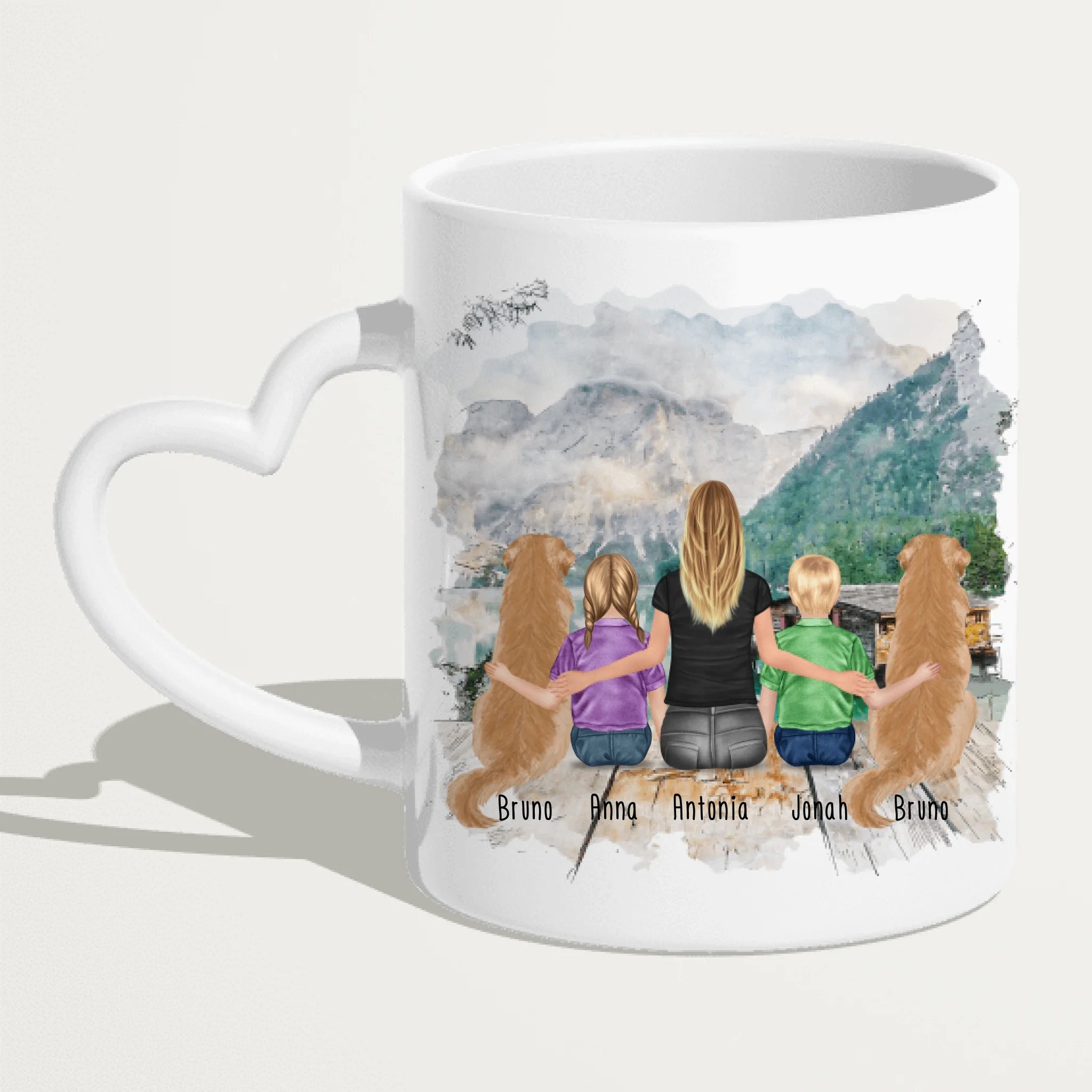 Personalisierte Tasse mit 1 Frau + 2 Kindern + 2 Hunden