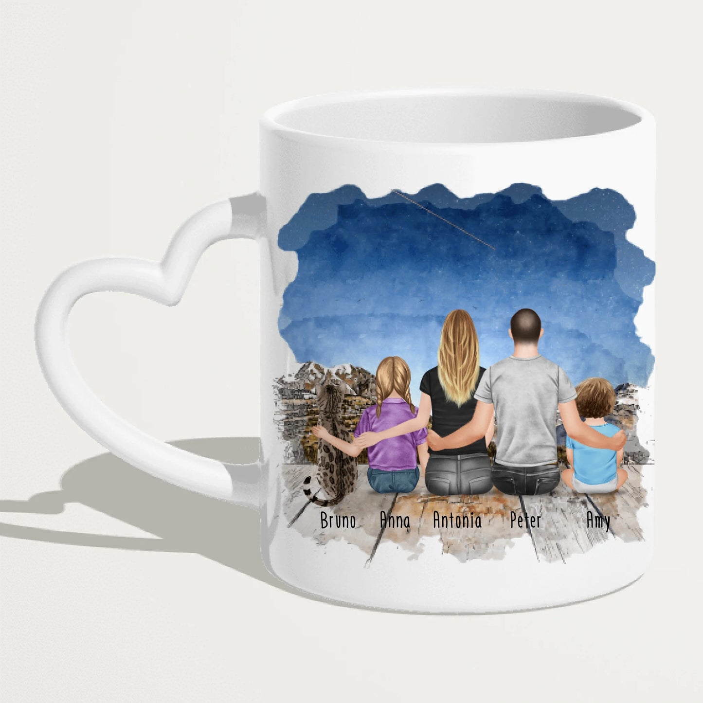 Personalisierte Tasse mit Familie + 1 Katze (1 Baby + 1 Kind)