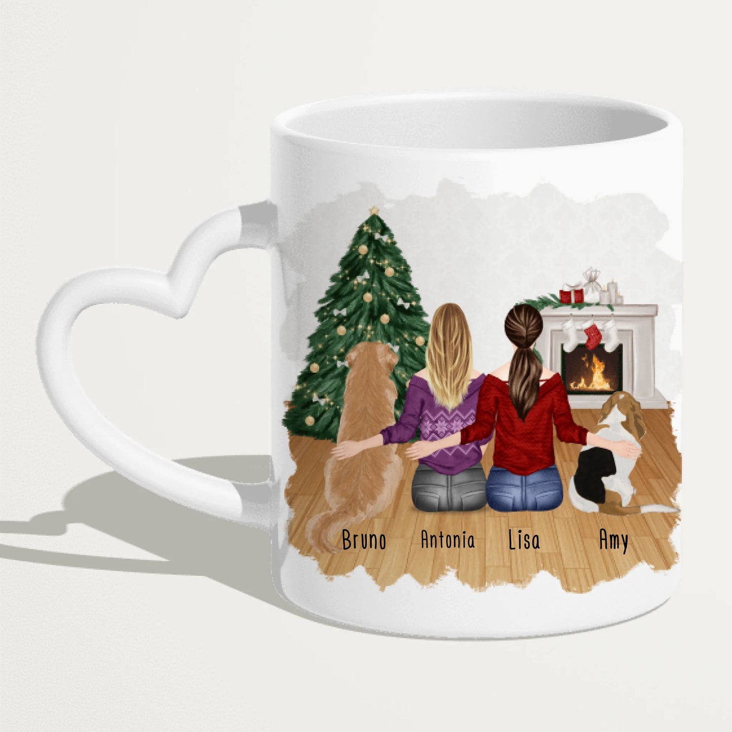 Personalisierte Tasse mit Hunden und Frauen (2 Hunde + 2 Frauen) - Weihnachtstasse