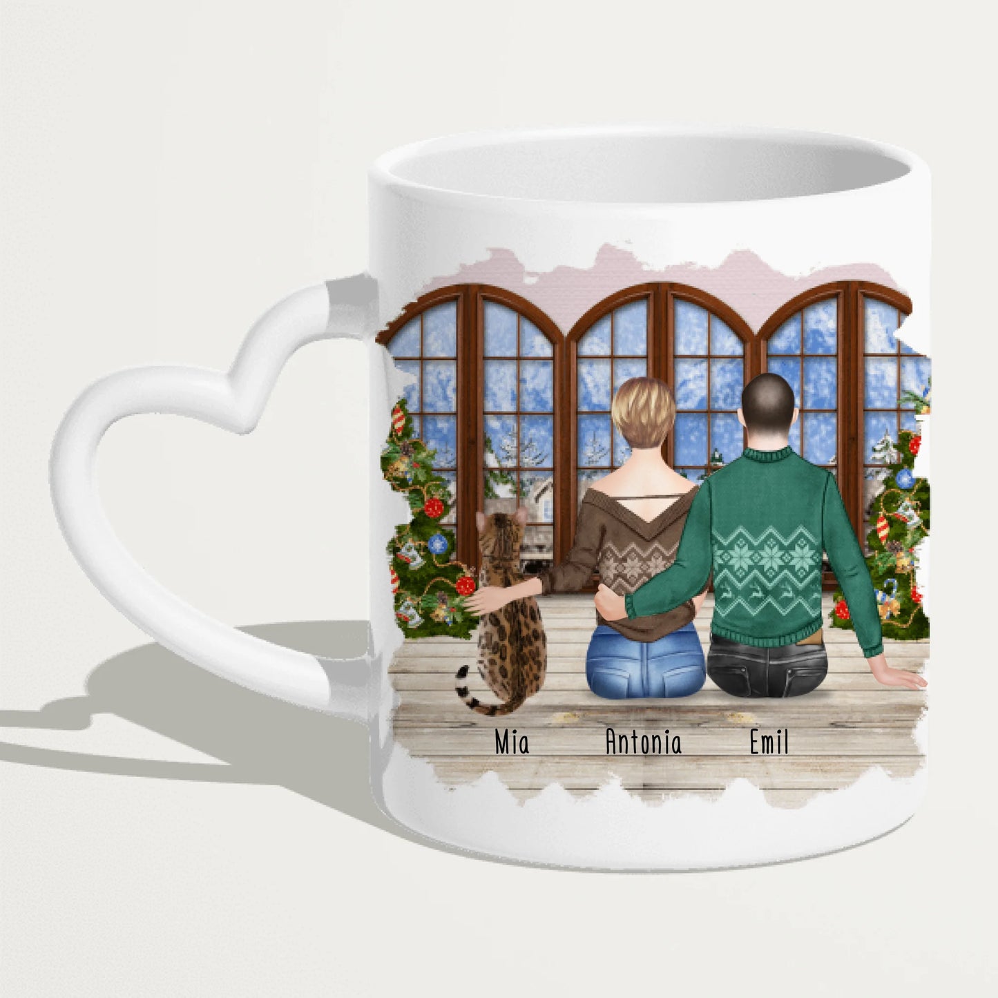 Personalisierte Tasse mit Pärchen und 1 Katze - Weihnachtstasse