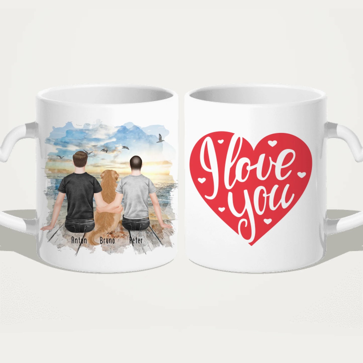 Personalisierte Tasse - 2 Männer + 1 Hund (Hund in der Mitte)