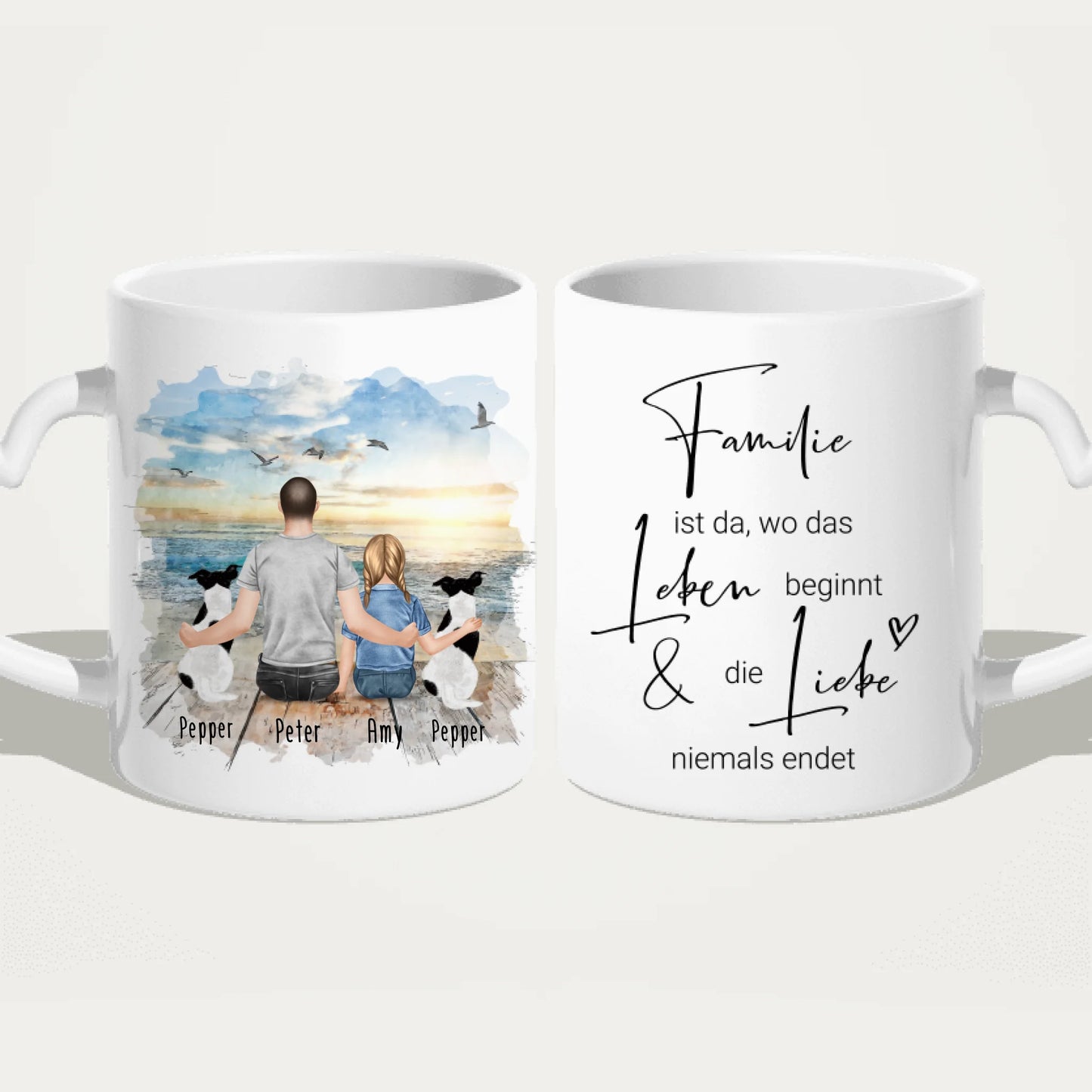 Personalisierte Tasse - 1 Mann + 1 Kind + 2 Hunde