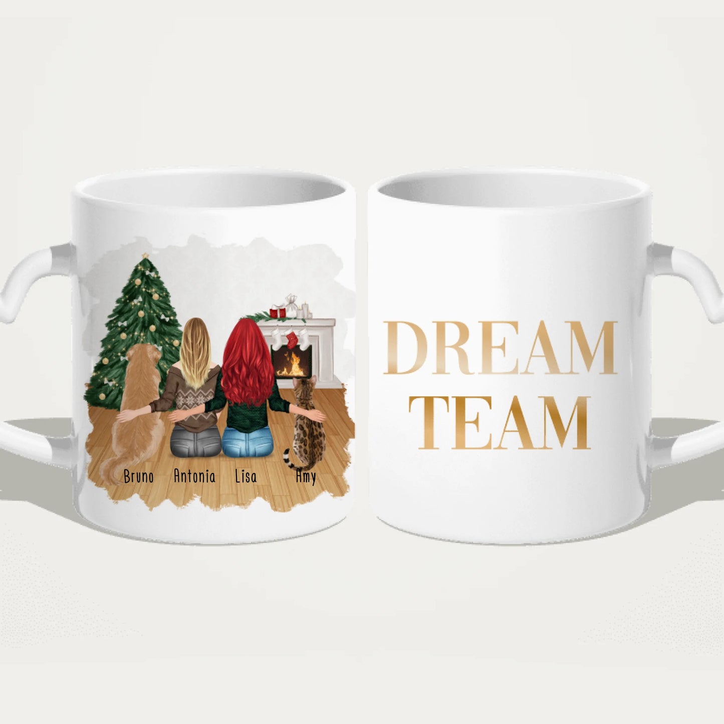 Personalisierte Tasse mit Hund, Katze und Frauen (1 Hund + 1 Katze + 2 Frauen) - Weihnachtstasse