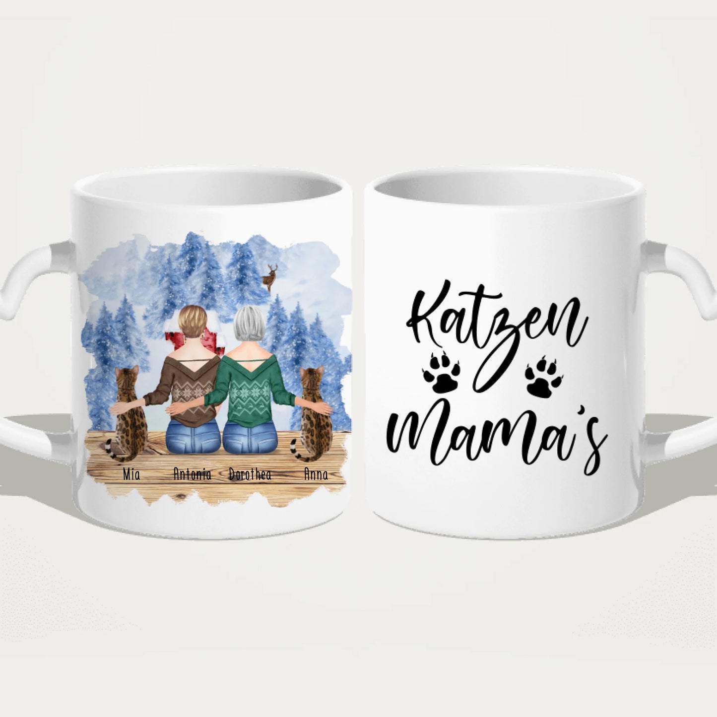 Personalisierte Tasse mit Katzen und Frauen (2 Katzen + 2 Frauen) - Weihnachtstasse