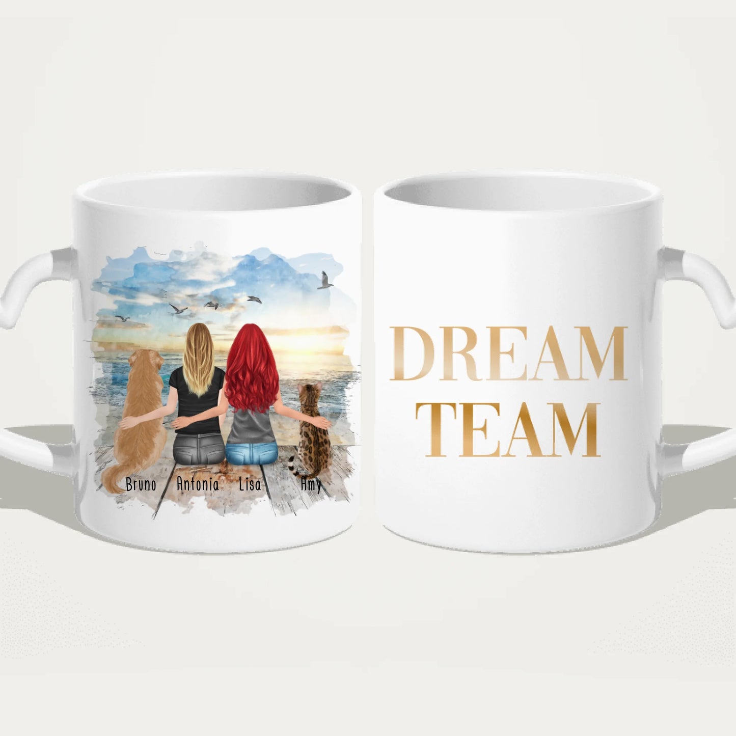 Personalisierte Tasse mit Hund, Katze und Frauen (1 Hund + 1 Katze + 2 Frauen)