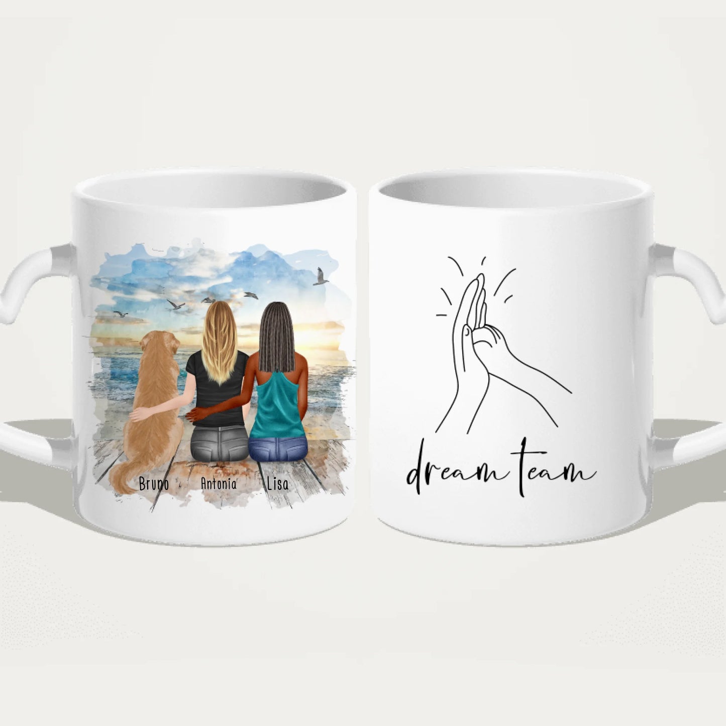 Personalisierte Tasse mit Hund und Frauen (1 Hund + 2 Frauen)