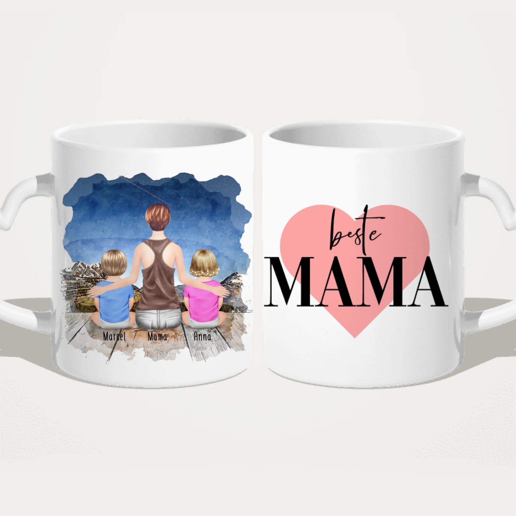 Personalisierte Tasse mit Mutter und Babys (2 Babys + 1 Mutter)