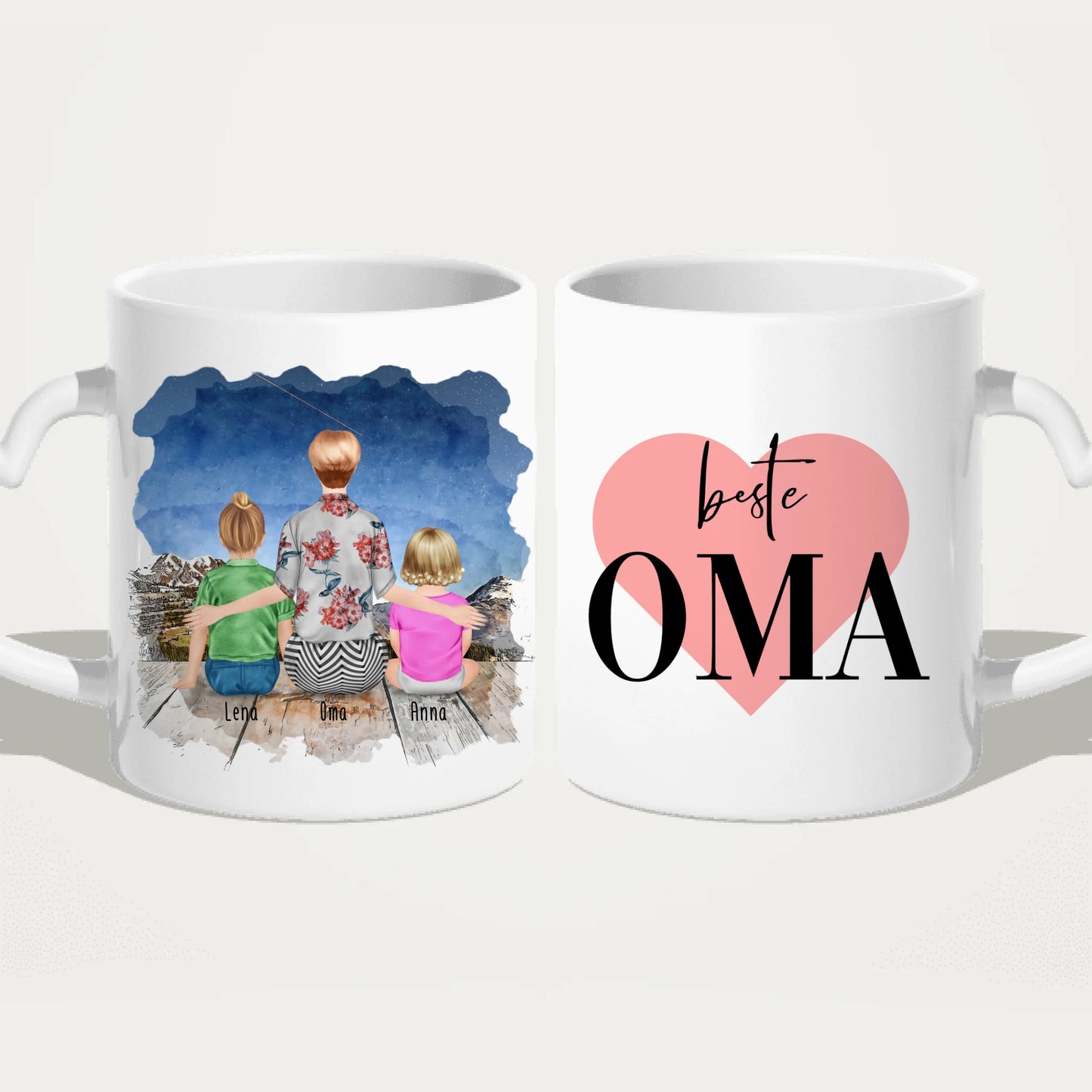 Personalisierte Tasse für Oma (1 Baby + 1 Kind + 1 Oma)