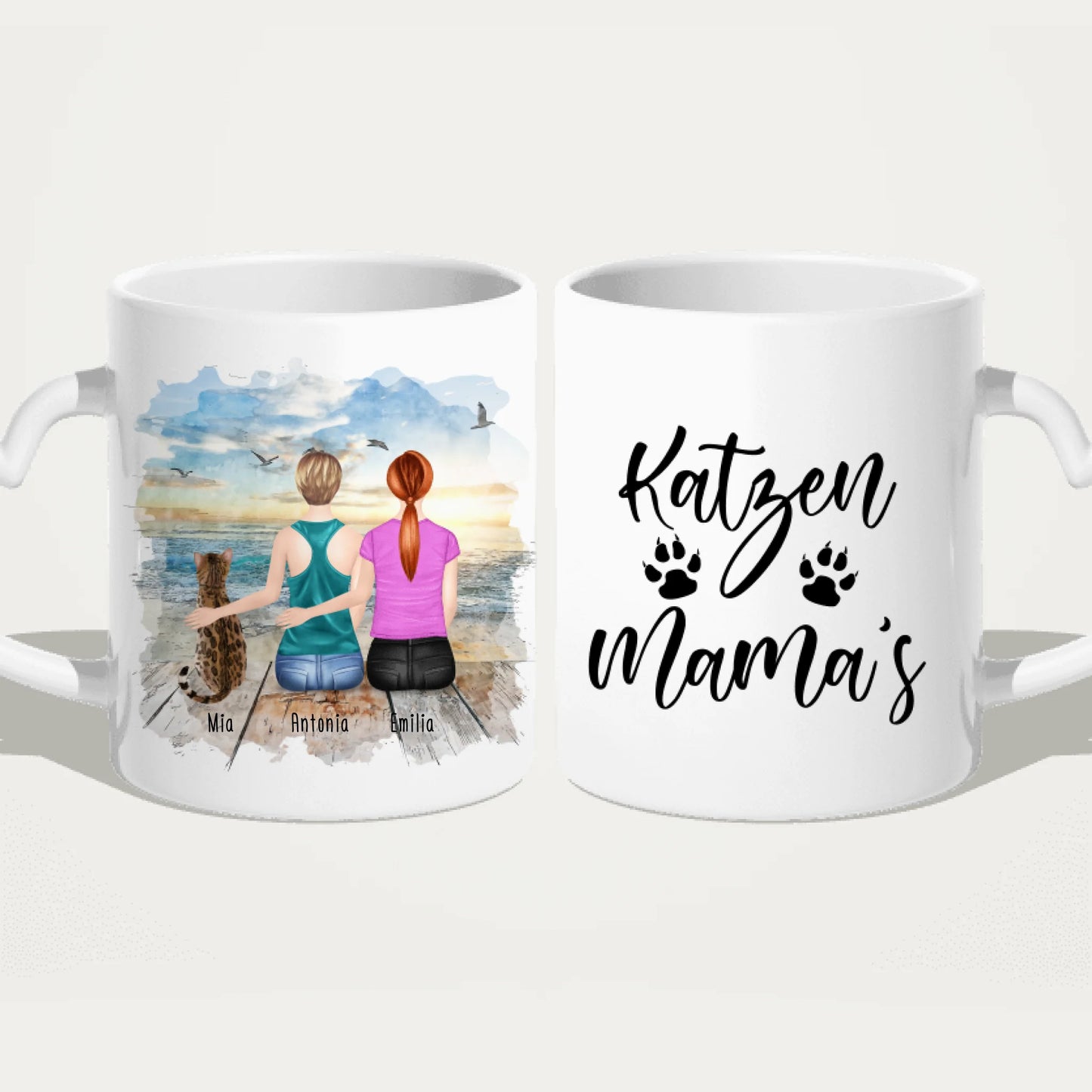 Personalisierte Tasse mit Katze und Frauen (1 Katze + 2 Frauen)