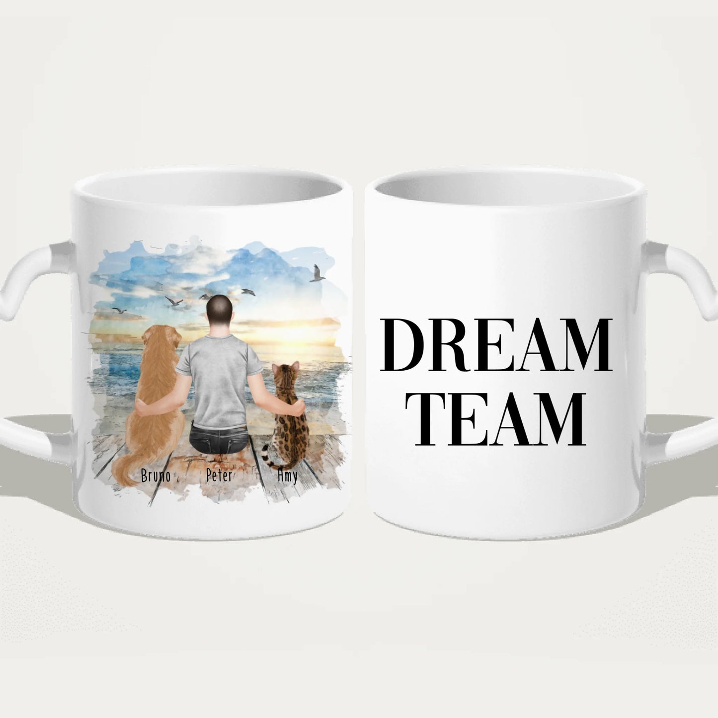 Personalisierte Tasse mit Hund, Katze und Mann (1 Hund + 1 Katze + 1 Mann)