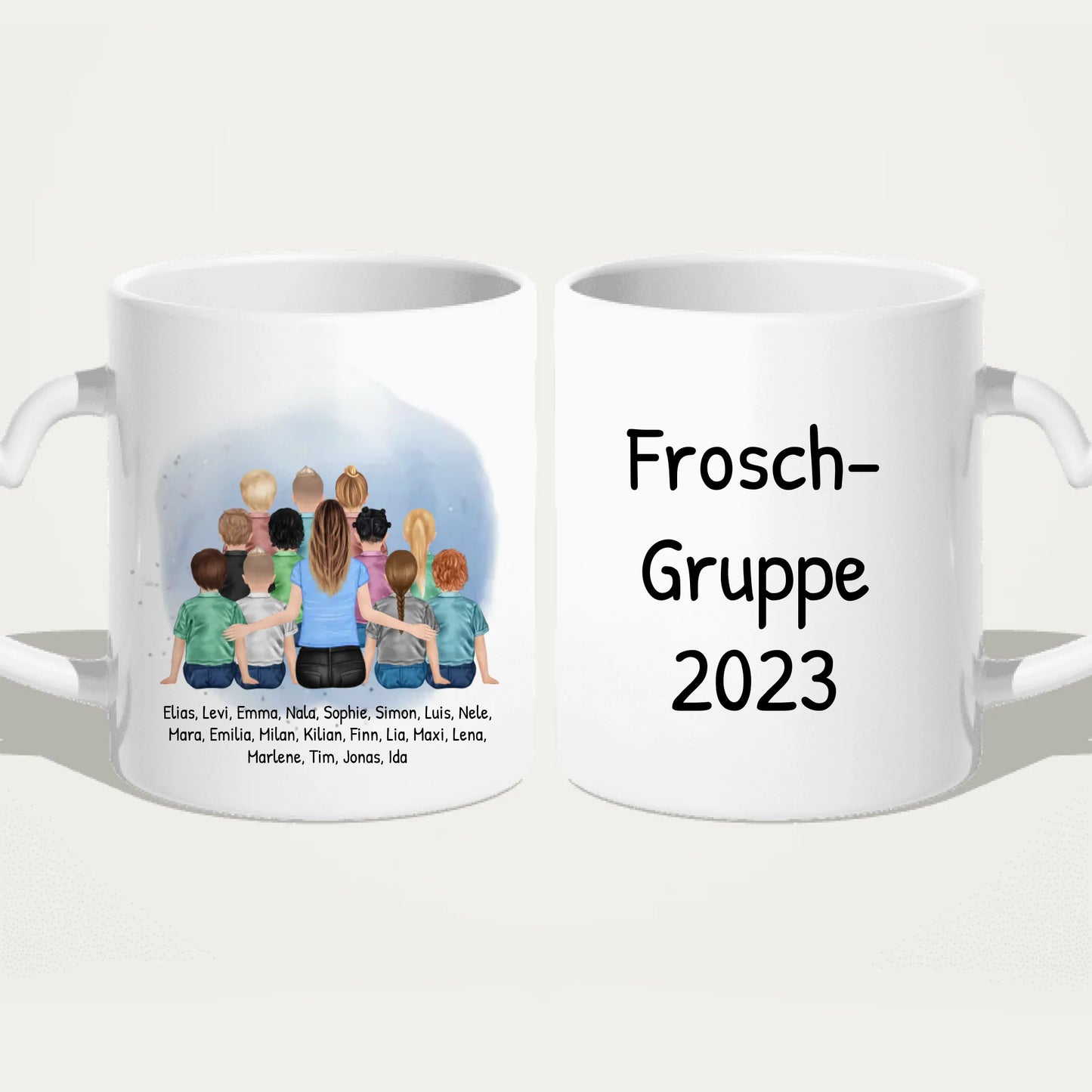 Personalisierte Tasse mit Erzieher/Erzieherin und Kindergartengruppe/Kita (11-26 Kinder)