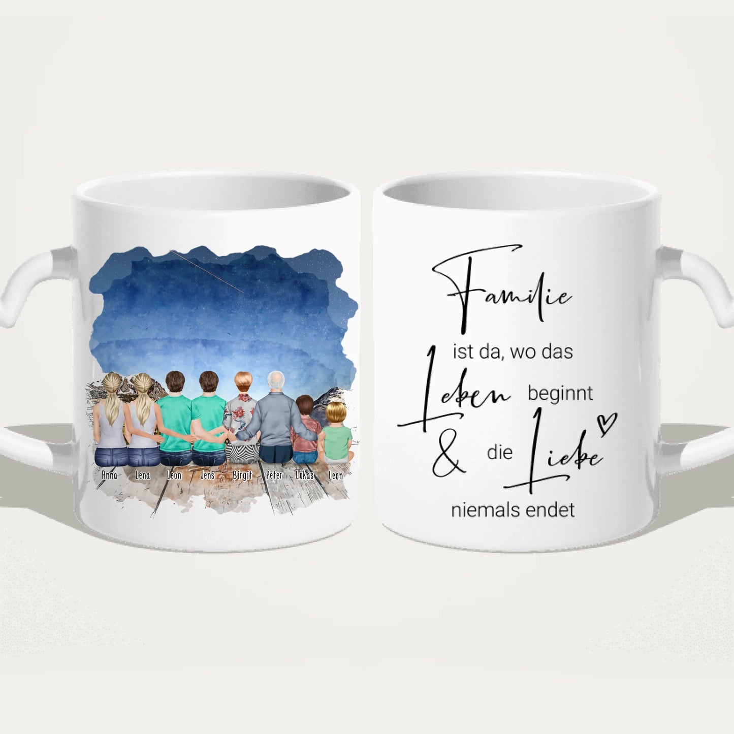 Personalisierte Tasse - 2 Frauen + 2 Männer + 1 Oma + 1 Opa + 1 Kind + 1 Baby