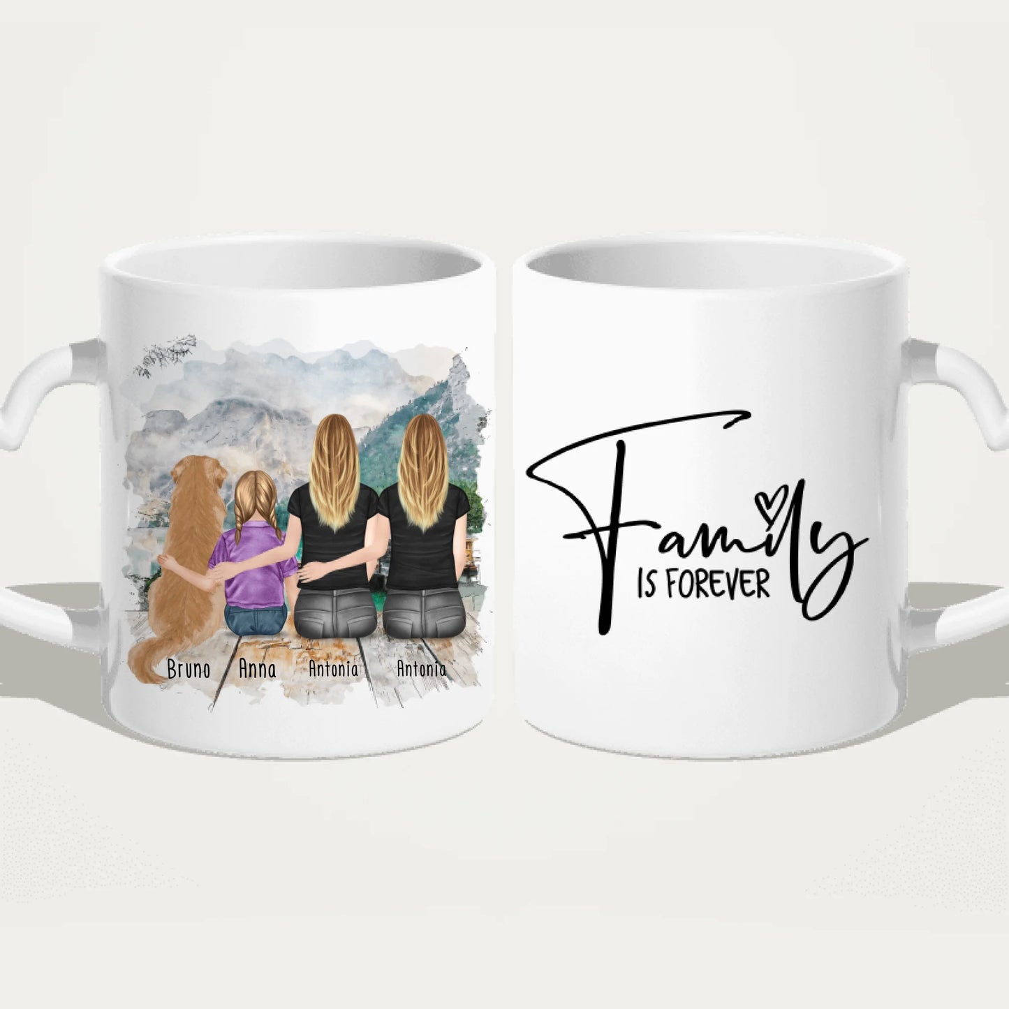 Personalisierte Tasse mit 2 Frauen + 1 Kind + 1 Hund