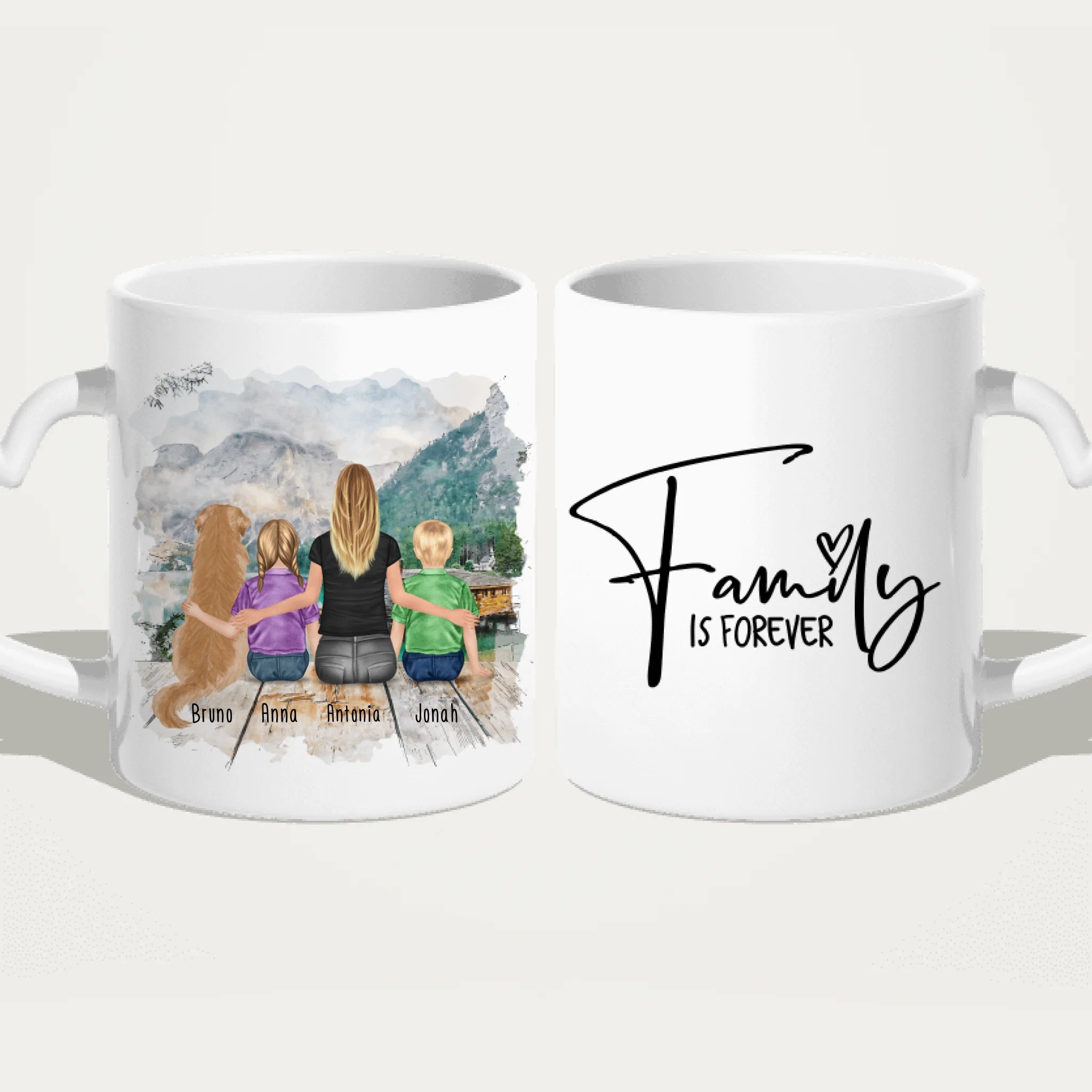 Personalisierte Tasse mit 1 Frau + 2 Kindern + 1 Hund