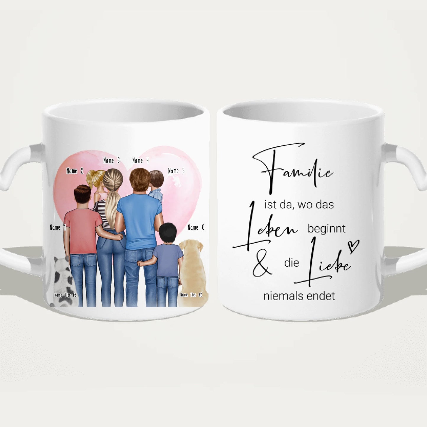 Personalisierte Tasse - Familie + 1-4 Kinder + 1-2 Hunde/Katzen