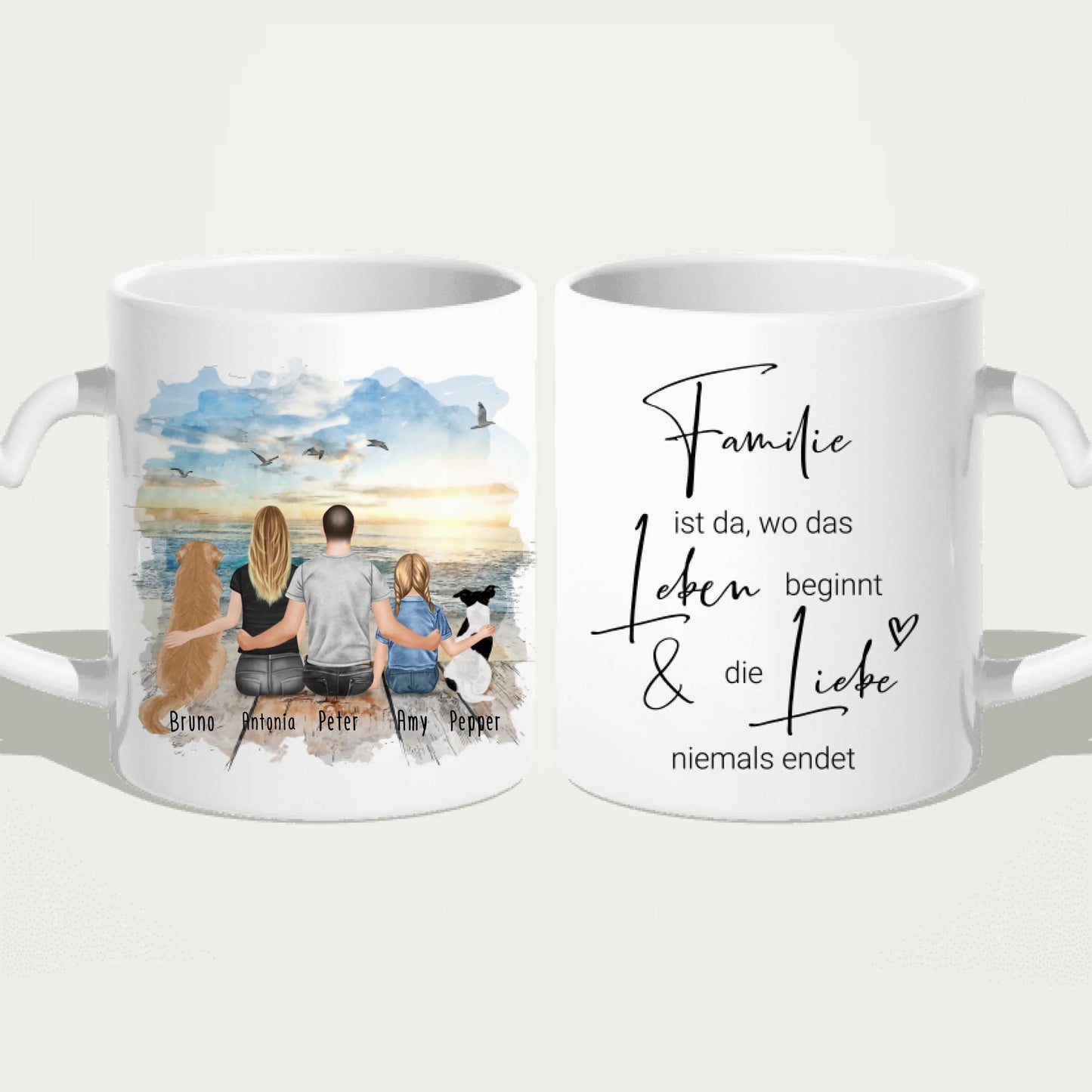 Personalisierte Tasse mit Familie + 2 Hund2 (1 Kind)