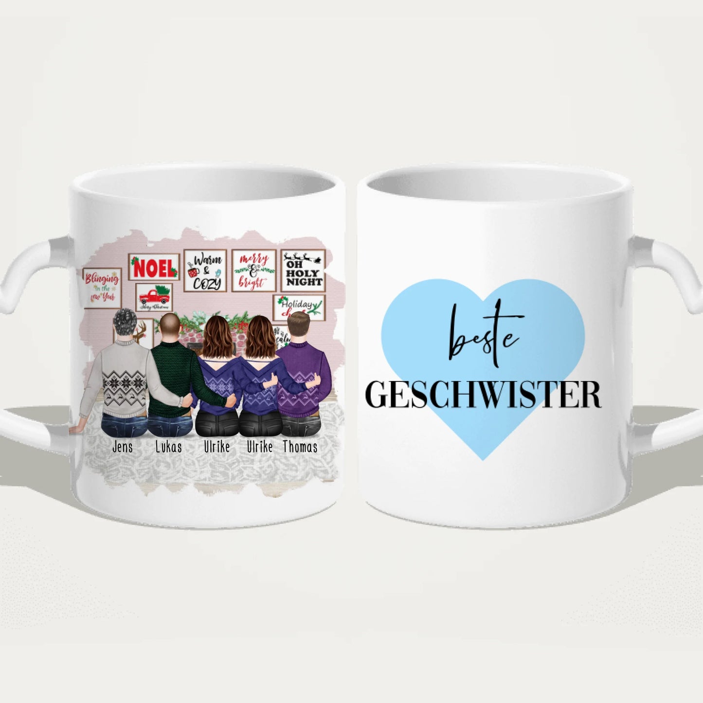 Personalisierte Tasse mit Bruder/Schwester (2 Schwestern + 3 Brüder) - Weihnachtstasse