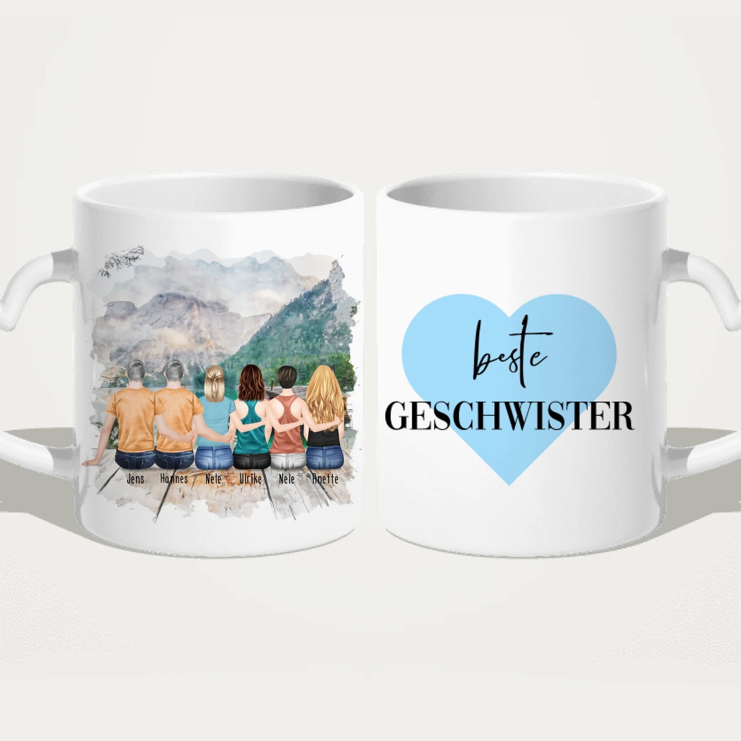 Personalisierte Tasse mit Bruder/Schwester (4 Schwestern + 2 Brüder)