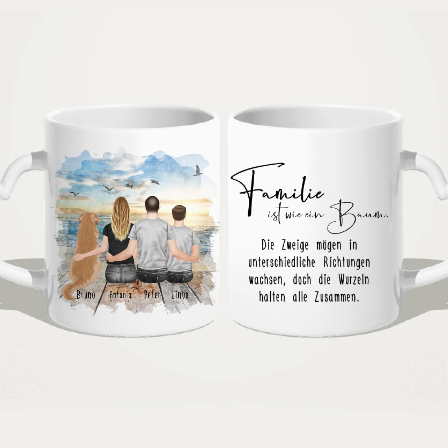 Personalisierte Tasse mit Familie + 1 Hund (1 Teenager)