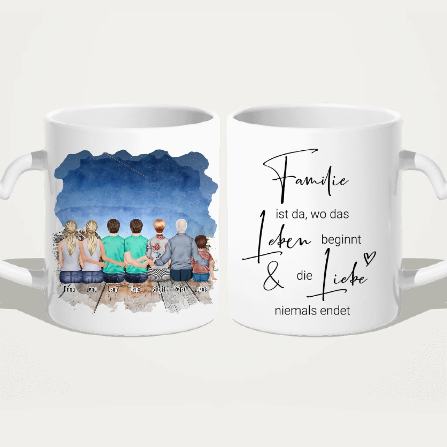 Personalisierte Tasse - 2 Frauen + 2 Männer + 1 Oma + 1 Opa + 1 Kind