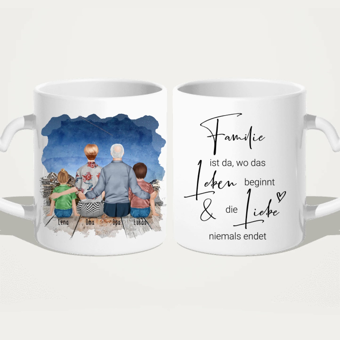 Personalisierte Tasse für Oma und Opa (1 Kleinkind + 1 Kind + 1 Oma + 1 Opa)