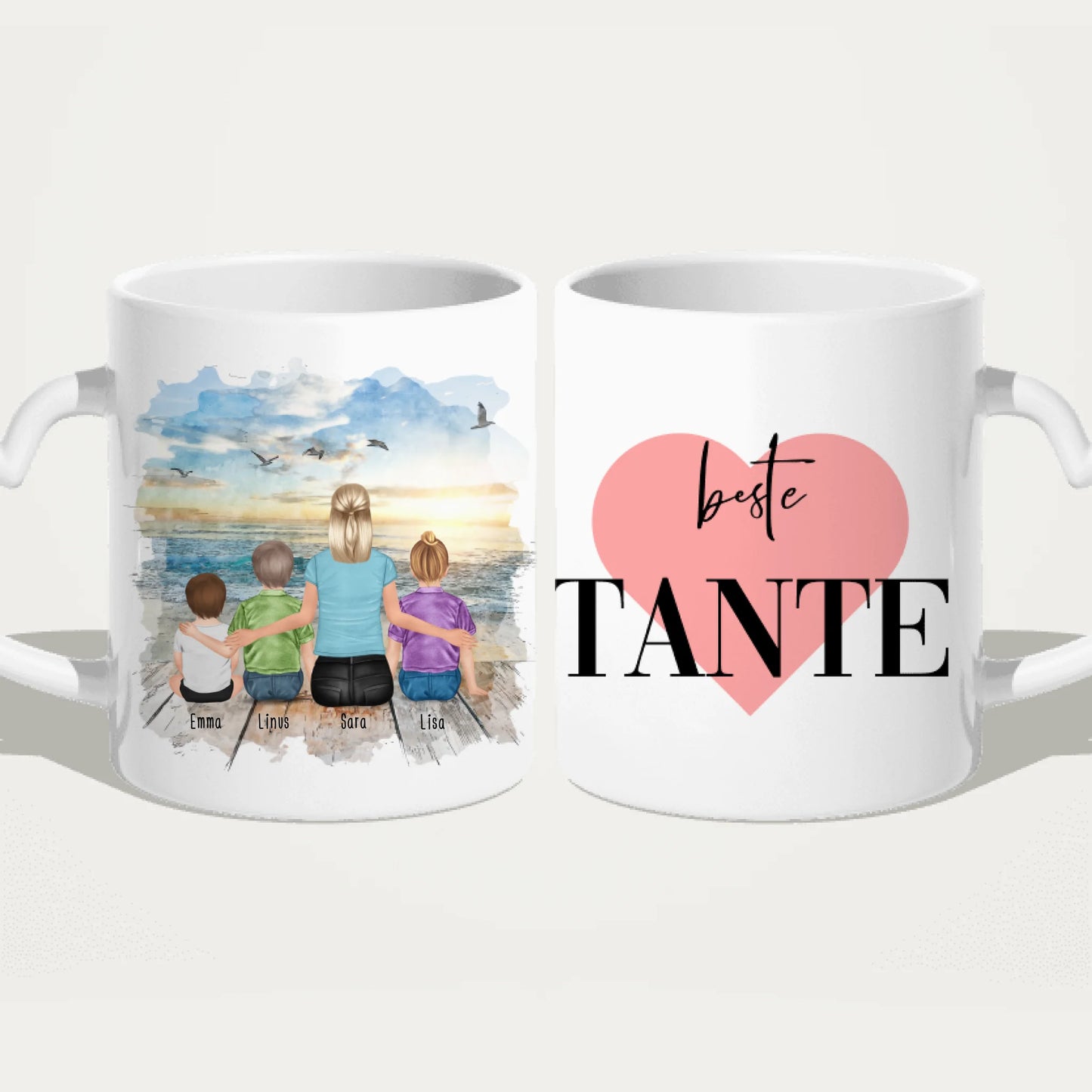 Personalisierte Tasse mit Tante (1 Baby + 2 Kinder + 1 Tante)