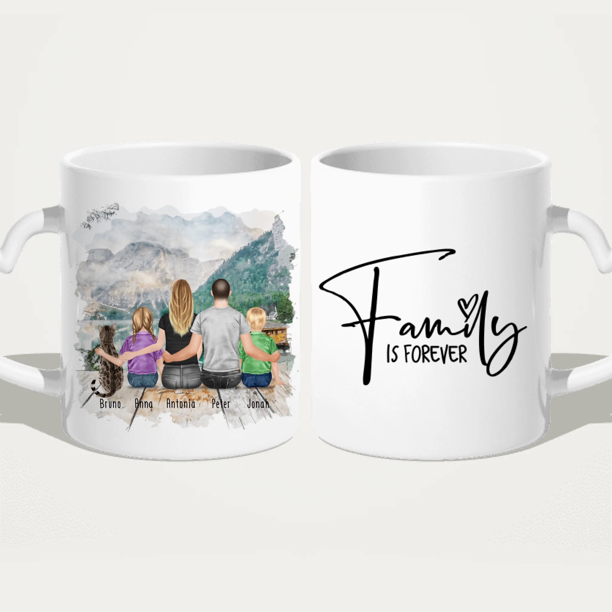 Personalisierte Tasse mit Familie + 1 Katze (2 Kinder)