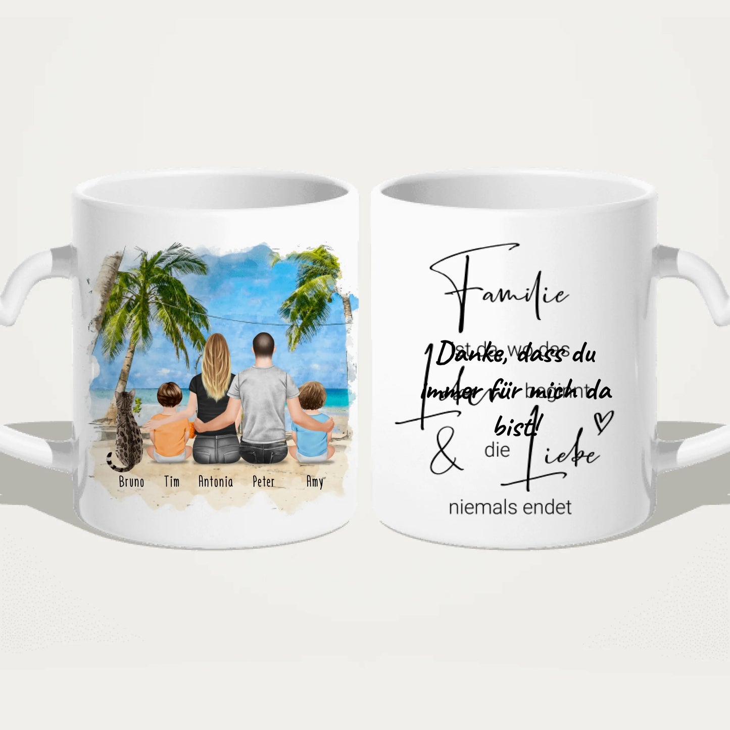 Personalisierte Tasse mit Familie + 1 Katze (2 Babys)