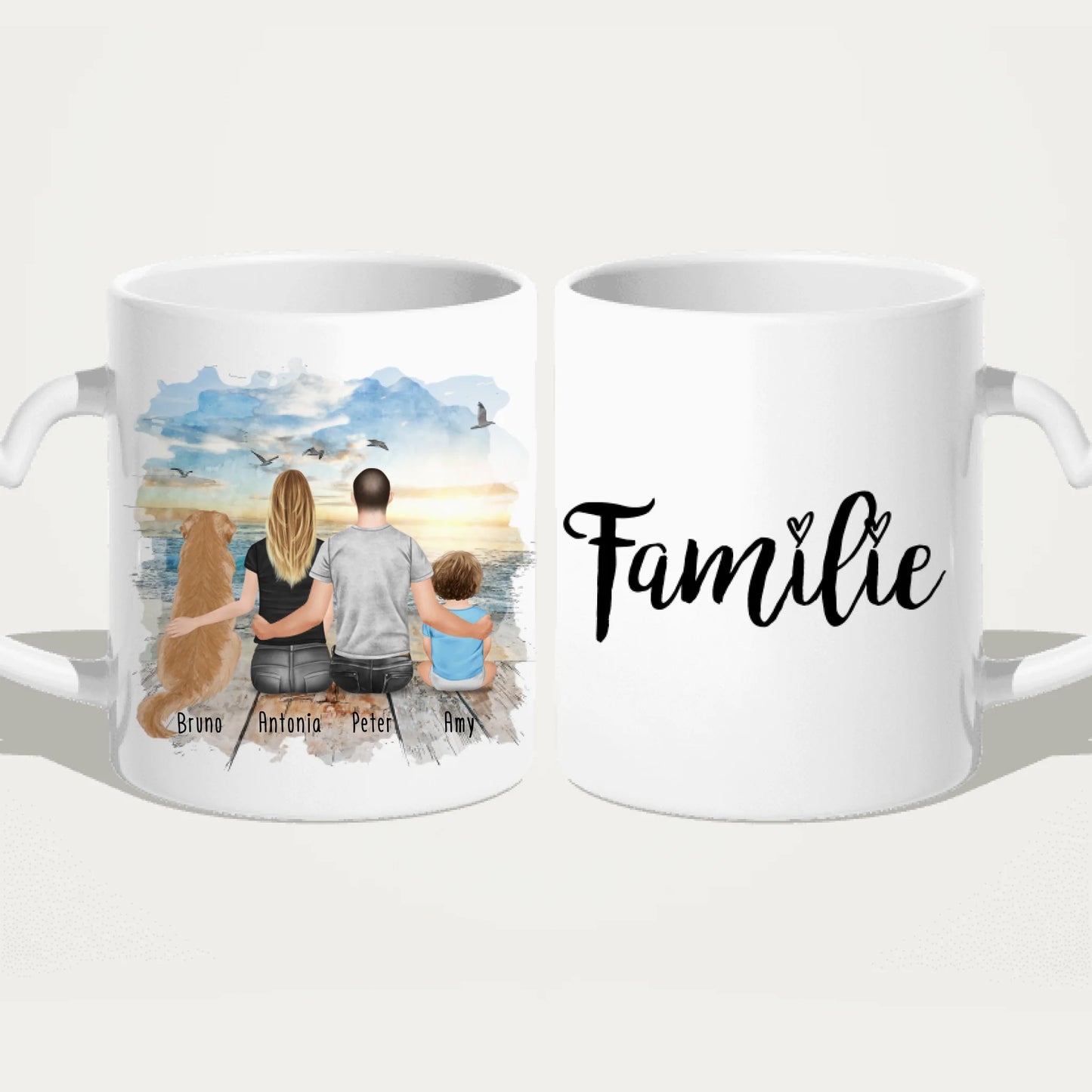 Personalisierte Tasse mit Familie + 1 Hund (1 Baby)