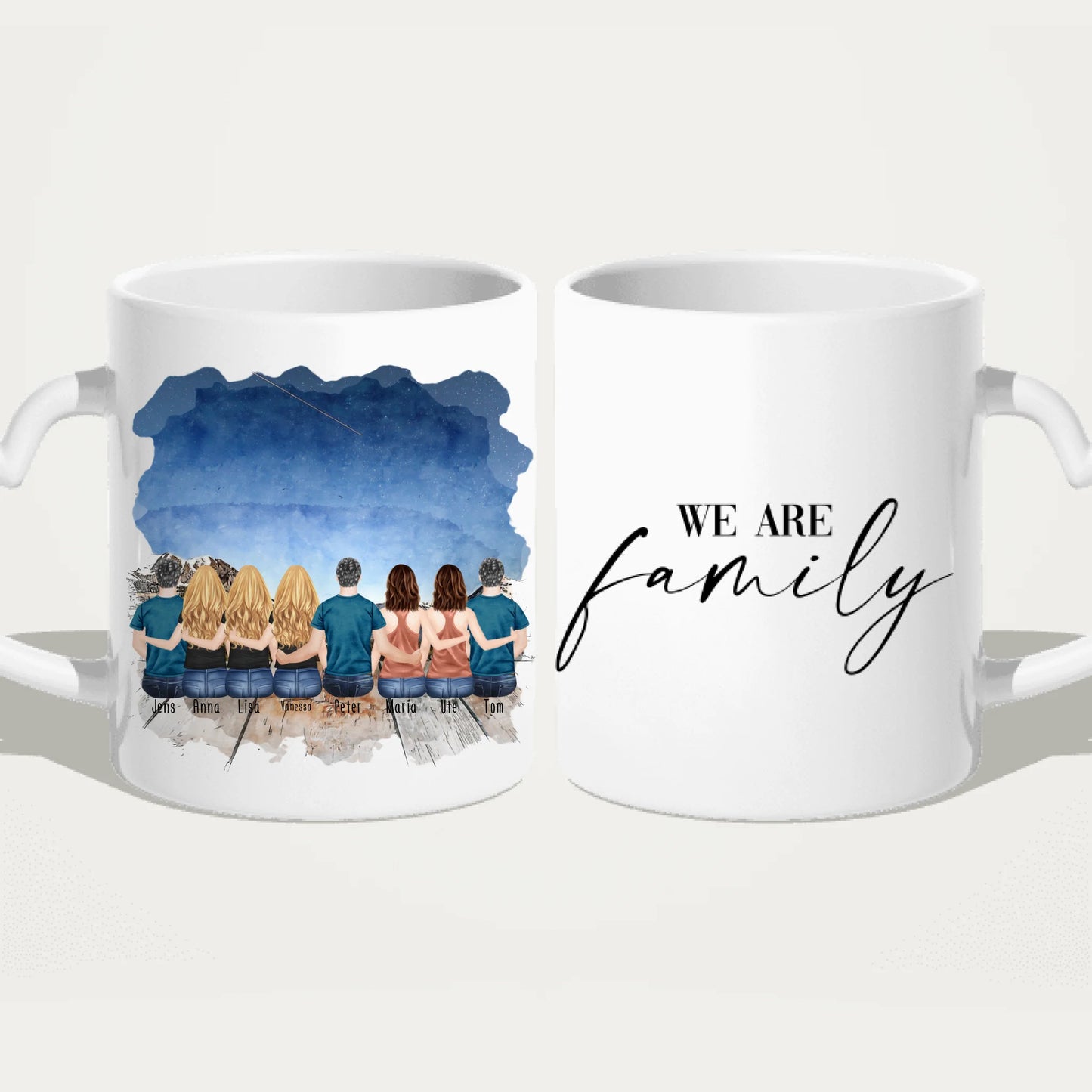 Personalisierte Tasse mit Familie (5 Frauen + 3 Männer)