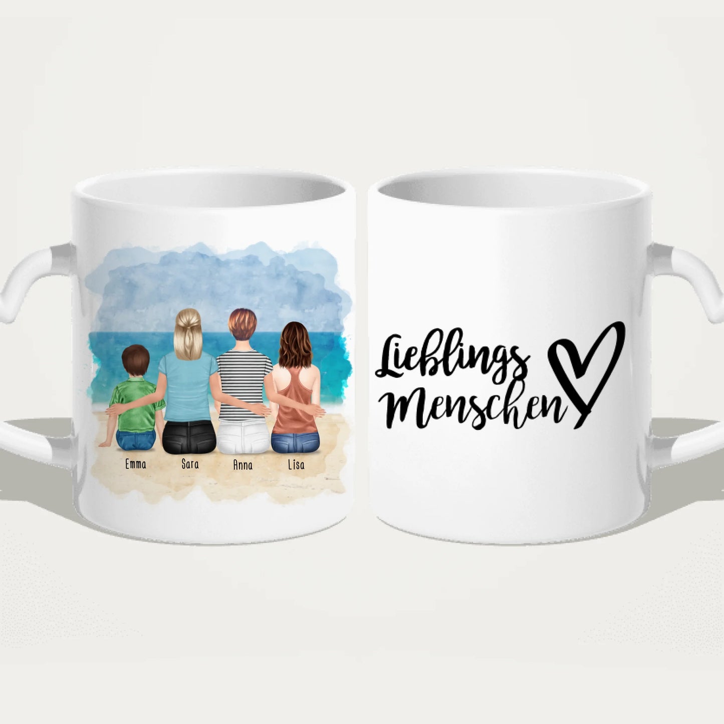 Personalisierte Tasse mit 2 Frauen + 1 Kind + 1 Teenagerin