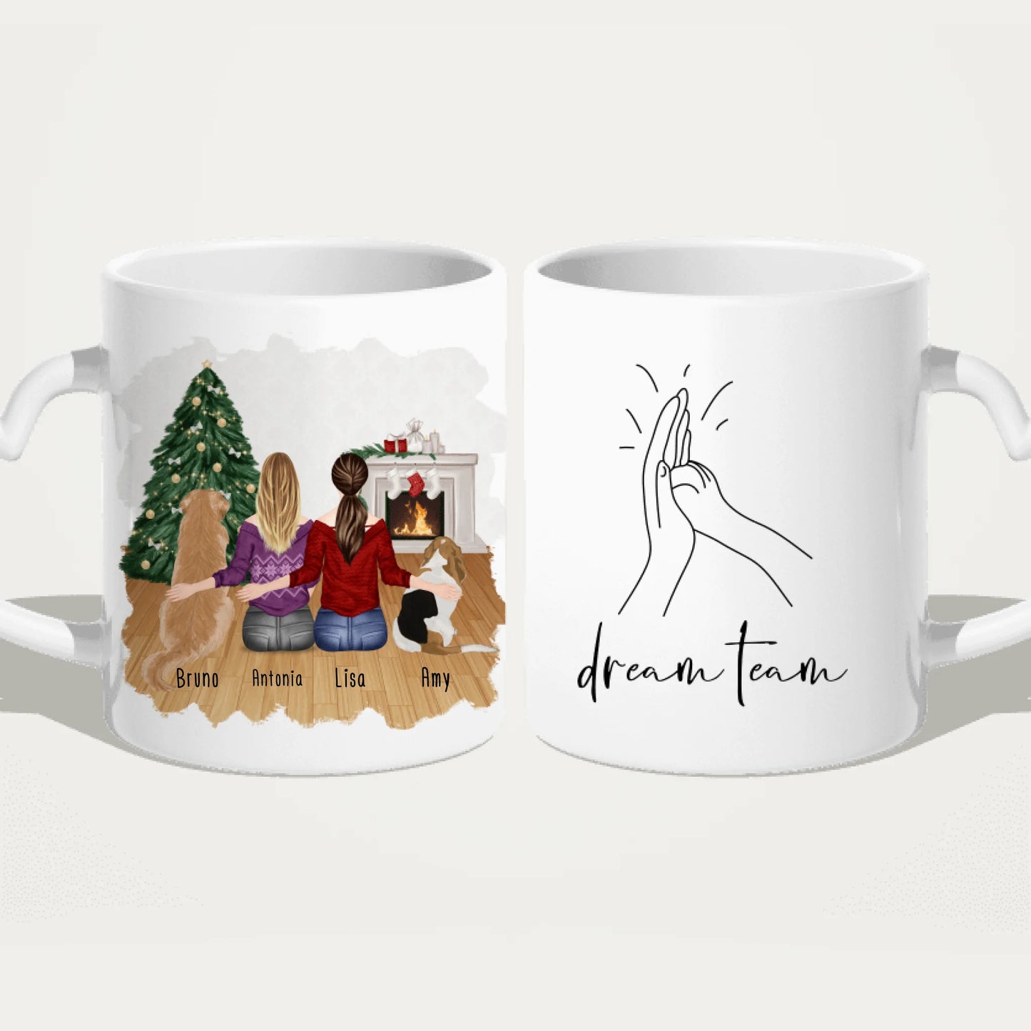 Personalisierte Tasse mit Hunden und Frauen (2 Hunde + 2 Frauen) - Weihnachtstasse