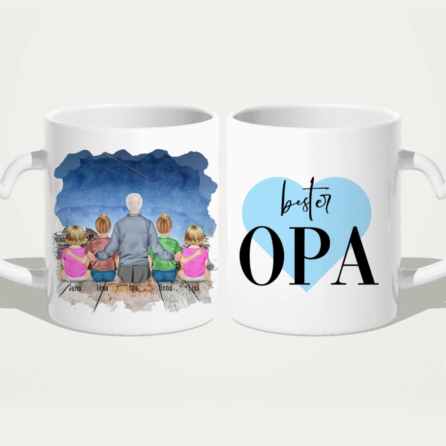 Personalisierte Tasse für Opa (2 Kinder + 2 Babys + 1 Opa)