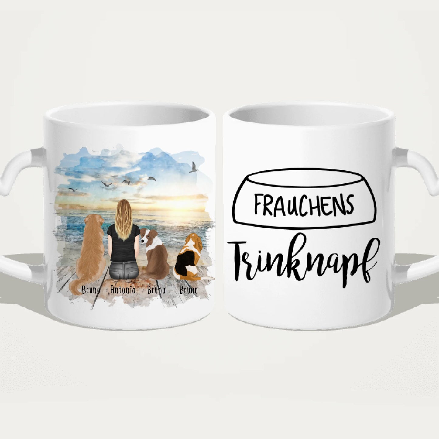 Personalisierte Tasse 1 Frau + 3 Hunde