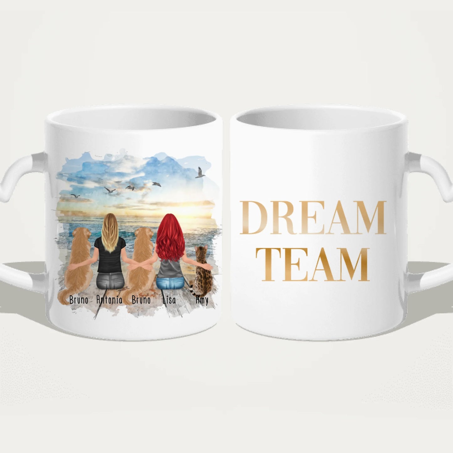 Personalisierte Tasse 2 Frauen + 2 Hunde + 1 Katze