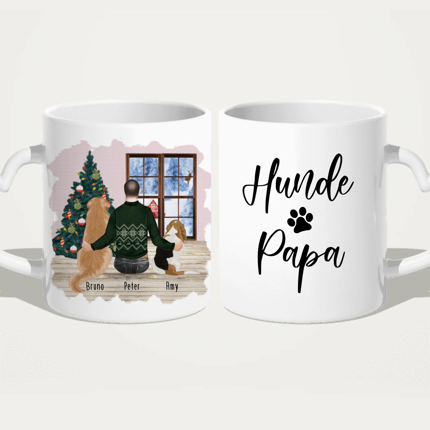 Personalisierte Tasse mit Hund und Mann (2 Hunde + 1 Mann) - Weihnachtstasse