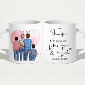 Personalisierte Tasse - Familie + 2 Babys/Kinder/Teenager stehend