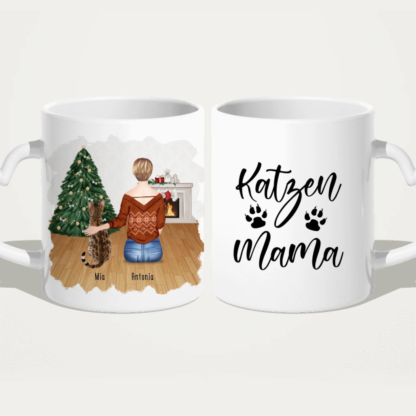 Personalisierte Tasse mit Katze und Frau (1 Katze + 1 Frau) - Weihnachtstasse