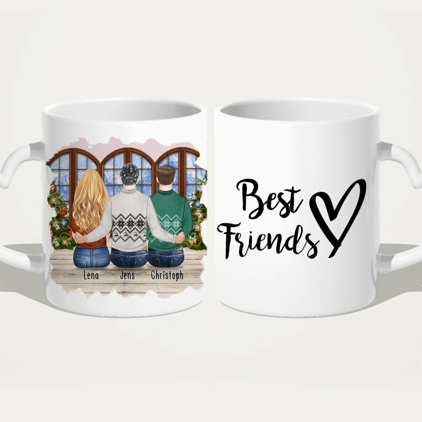 Personalisierte Tasse - Beste Freunde (1 Frau + 2 Männer) - Weihnachtstasse