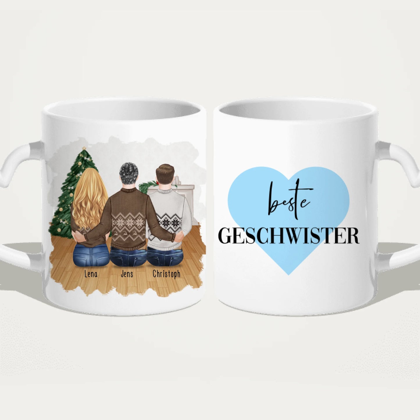 Personalisierte Tasse mit Bruder/Schwester (1 Schwester + 2 Brüder) - Weihnachtstasse