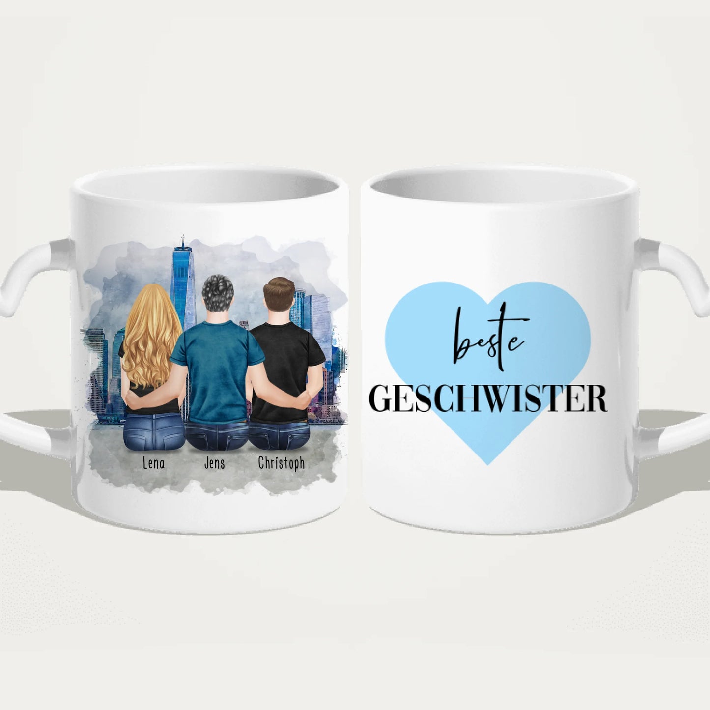 Personalisierte Tasse mit Bruder/Schwester (1 Schwester + 2 Brüder)