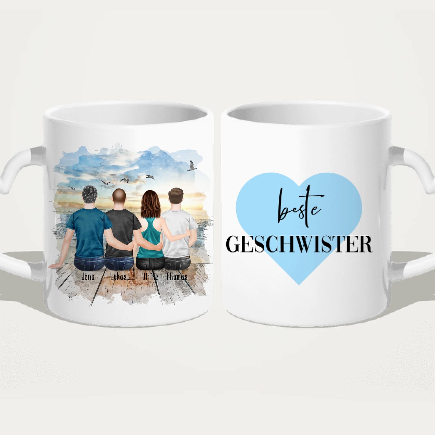 Personalisierte Tasse mit Bruder/Schwester (1 Schwester + 3 Brüder)